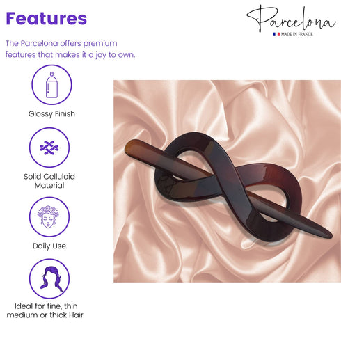 Parcelona French Infinity Hair Slider Pin, 3 1/2" Brown Tortoise Shell Barrette Clip for Fine Hair