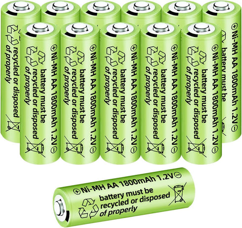 12PCS 1.2V 1800mAh Ni-MH AA Rechargeable Batteries for Wireless Microphones, Electric Toys, Household Appliances