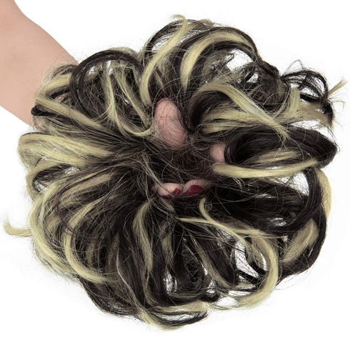 Lelinta Hair Bun Extensions - Wavy Curly Messy Donut Chignons Hair Piece - Black Brown Mix Bleach
