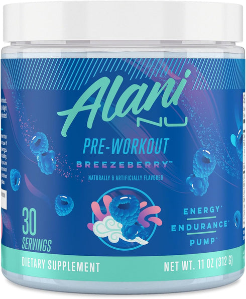 Alani Nu Pre Workout Powder Breezeberry | Sugar Free Amino Energy Boost Supplement | 200mg Caffeine, 30 Servings
