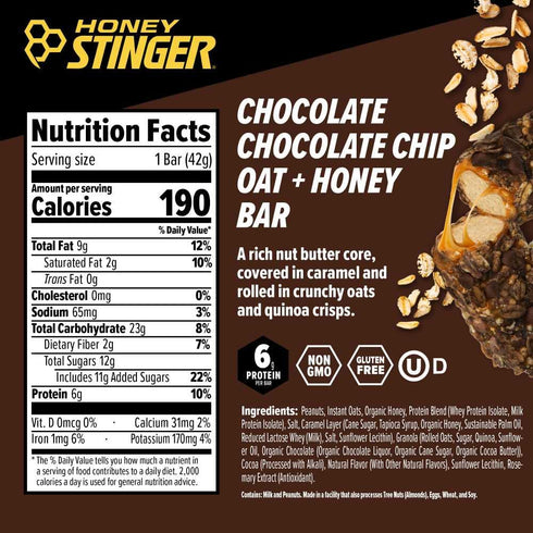 Packed 12 Pack Honey Stinger Oat + Honey Bar, Chocolate Chocolate Chip, Energy Food to Prepare for Exercise, Endurance
