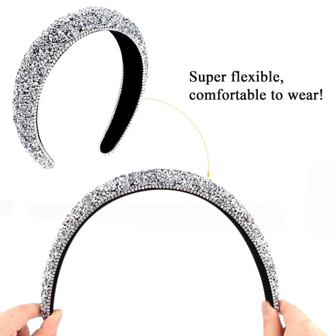Wecoe Rhinestone Diamond Bling Glitter Sparkle Silver Fashion Headbands, Thick Padded Hair Accessories for Women and