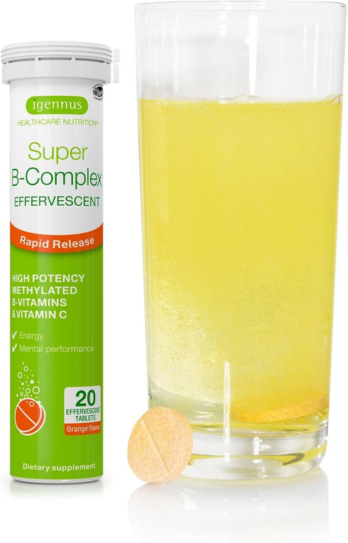 Super B-Complex Liquid B-Vitamin Effervescent Drink, 20 Tablets, Methylated, Vegan, Sugar-Free, Orange Flavor