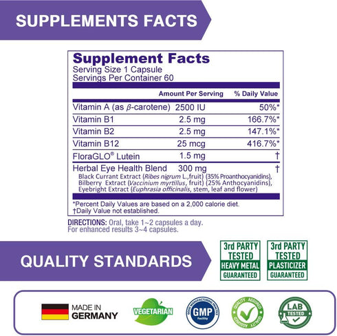 Lovita Eye Vitamins - Clinically Proven FloraGLO Lutein, Black Currant & Eyebright for Eye Strain and Vision Health