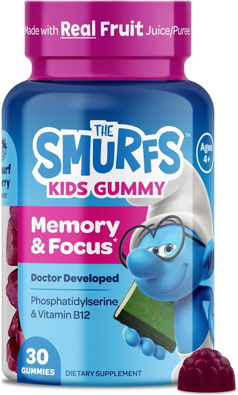 The Smurfs Nootropic Gummies for Kids with Vitamin B12 & L-Theanine, 30 Vegan Gummies for Focus