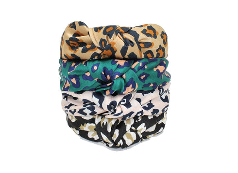 Leopard Satin Headbands for Women, Green Knotted Designer Headband for Women's Hair, Chic Fashion Top Knot Cheetah