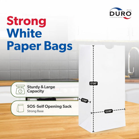 Duro 8# White Paper Lunch Bags, 100 Count - Bulk Disposable SOS Paper Sacks for Takeout/Delivery