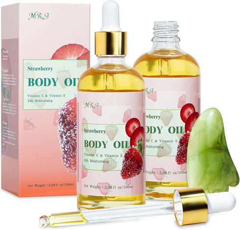 MR.A 2 Pack Strawberry Body Oil Juice Scented, Vitamin E Body Oil after Shower with Jojoba Oil