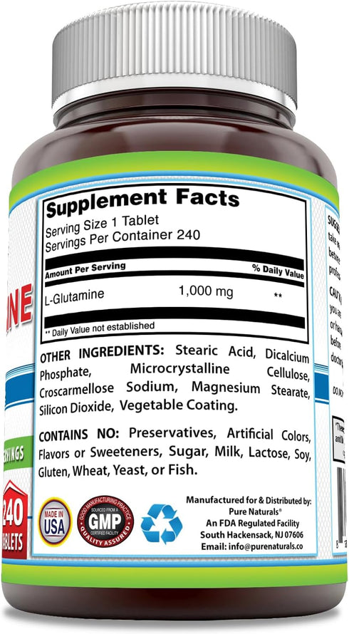 Pure Naturals L-Glutamine Supplement 1000 Mg Per Serving, 240 Tablets, Non-GMO, Gluten Free