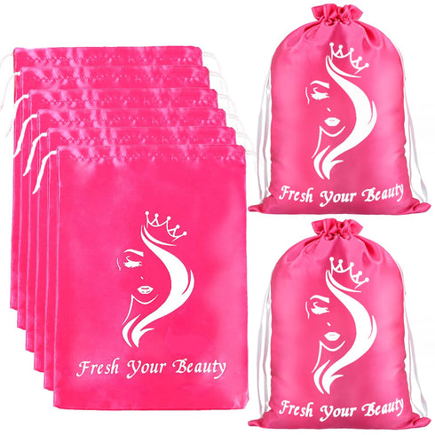 Satin Bags with Drawstring for Bundles, Wigs, Hair Extensions, Tools - 6 PCS Pink Soft Silk Pouches