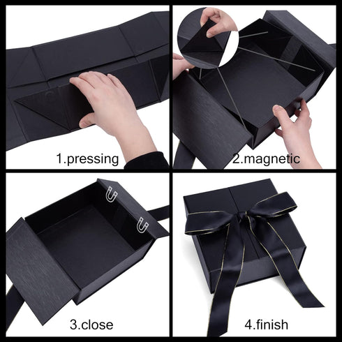 JOHOUSE Gift Box Black, 8x8x3.5 Inches with Lids, Magnetic Closure & Ribbon for Weddings, Birthday Presents