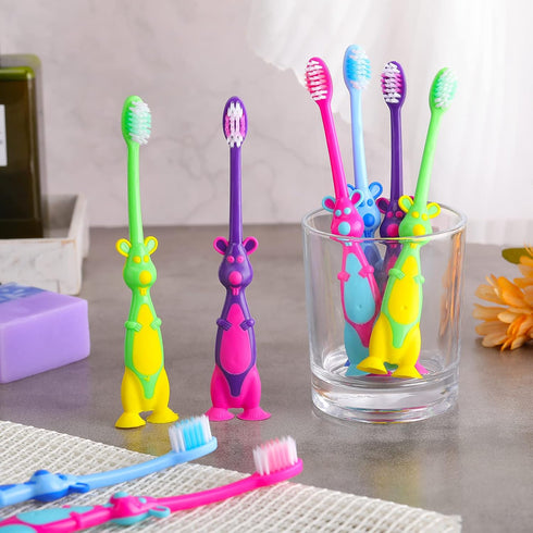 Gerrii 100 Pcs Kids Toothbrush Bulk with Soft Lovely Little Kangaroo Design, Individually Wrapped with Covers & Suction
