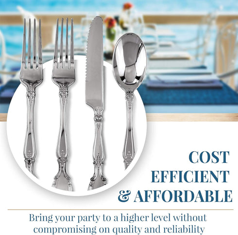 Antique Design Disposable Flatware Set, 96 PC Plastic Silverware for 24, Heavy Duty Utensil Set for Weddings, Silver
