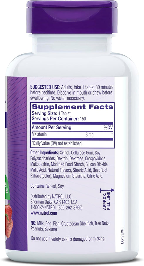 Natrol Fast Dissolve Melatonin 3 mg, 150 Strawberry-Flavored Tablets for Restful Sleep