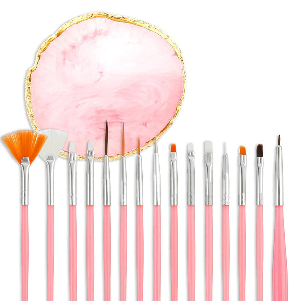 Nail Art Tool Set, 15 PCS Brushes, Resin Painting Palette, Detail Brush, Nail Dotting Pen for DIY Manicure (Pink)