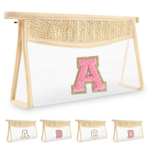 Personalized Small Boho Straw Initial Letter Makeup Bag, Cute Clear Chenille Patch Zipper Bag, Trendy TSA Travel Bag,