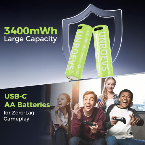 UNROEVS 4 Packs, 3400mWh 1.5V 2-in-1 Cable,2H Rechargeable Lithium AA Batteries Rechargeable Double A Battery