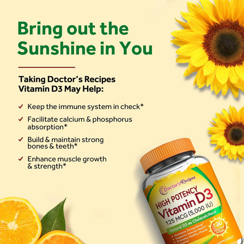 Doctor's Recipes Vitamin D3 5000IU, Immune Support for Bones, Teeth, Muscle Function, 120 Vegetarian Softgels