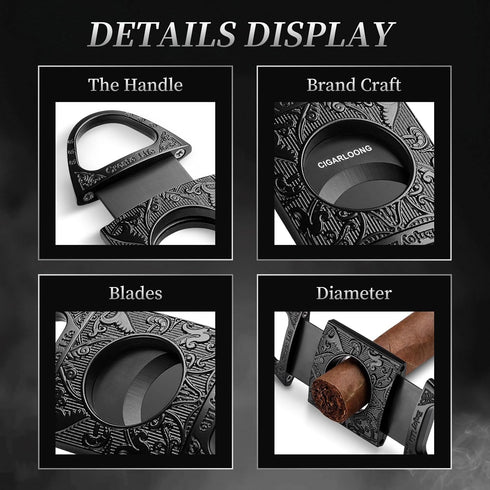 CIGARLOONG Black Engraved Stainless Steel Cigar Cutter with Double Blades