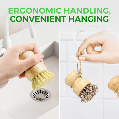 Set 3 AIRNEX Bamboo Dish Brush of - Natural Wooden Dish Scrubber w/Medium Stiff Sisal & Coconut Bristles - Kitchen