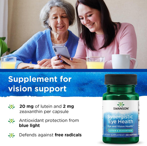 Synergistic Eye Health Supplement 60 Softgels by Swanson - Lutein 20 mg & Zeaxanthin 2 mg for Vision Support