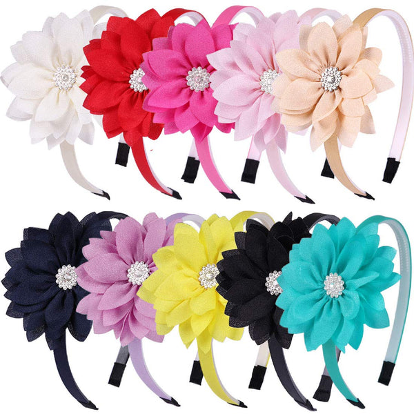 WANYU 10 Pcs Flower Bow Headbands for Girls, Toddler Chiffon Floral Hair Bands, Cute 3.5 Inch Bow Headpiece