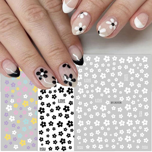 6 Sheets Flower Nail Art Stickers, 3D Self-Adhesive Black White Colorful Flowers Design for Manicure DIY Supplies