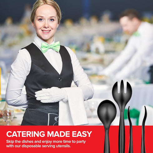 18 Count Disposable Serving Utensils, Black Plastic Set for Catering Weddings, Holiday Parties, Buffet, Party Utensils