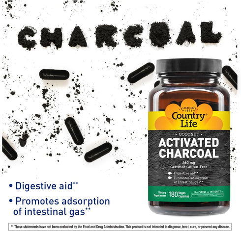 Country Life Organic Activated Charcoal Capsules, 260mg, 180 Vegan Capsules for Gas and Bloating Relief