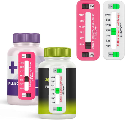 PillSavvy 5 Pack) Daily Pill Tracker Non-Digital, Reusable Medication Reminder for Bottles & Organizers Easy to Use