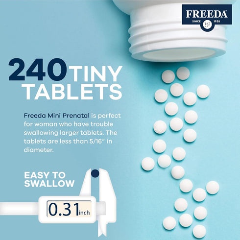 Mini Prenatal Vitamin FREEDA - Kosher Prenatals - Tiny Easy to Swallow Tablets - 240 Count
