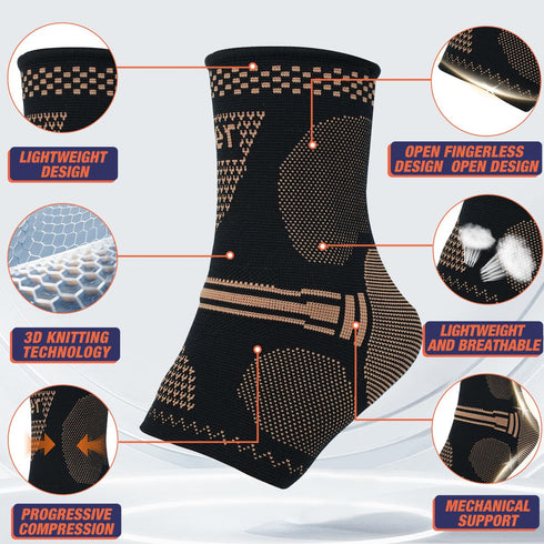 Copper Ankle Brace for Men & Women - (1 Pair) Compression Sleeve for Plantar Fasciitis, Ankle Pain, Swelling