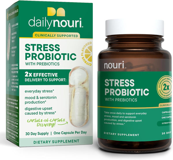 Nouri Stress Support Daily Prebiotic & Probiotic Capsules - Plant-Based Omega Oil for Cortisol Management