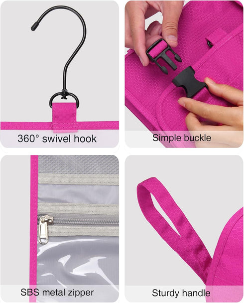 Relavel Hanging Travel Toiletry Bag for Women, Large Capacity Waterproof Organizer for Makeup and Accessories (Hot Pink)