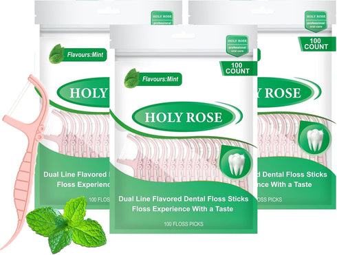 Holy Rose Dual-Line Dental Floss Picks, Pink Flossers 300 Count, Mint Flavored for Oral Cleaning & Fresh Breath
