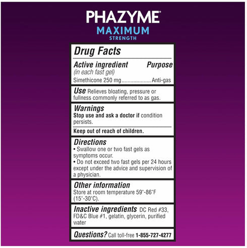 Phazyme Gas Relief, Maximum Strength for Adults, 250 mg Simethicone Fast Gels, 24 Count.