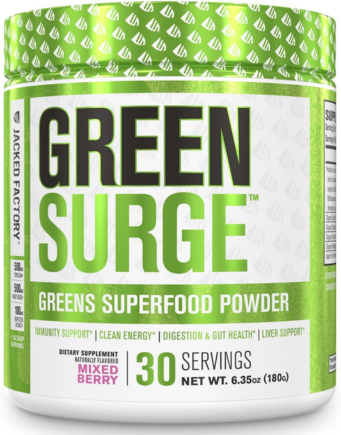 Jacked Factory Green Surge Superfood Powder - Keto Friendly Greens Drink w/Spirulina, Organic Greens, Mixed Berry, 10.6