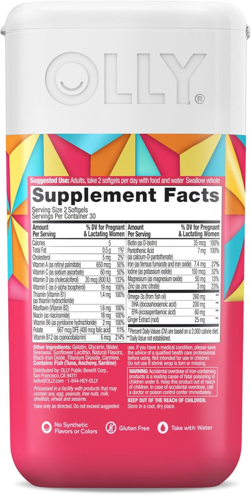 OLLY Ultra Strength Prenatal Multivitamin Softgels, 60 Count, Supports Healthy Growth, Iron, Folic Acid, DHA