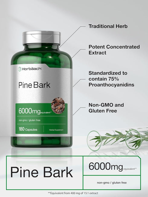 Horbaeach Pine Bark Extract, 6000 mg, 180 Capsules, Non-GMO Gluten Free Supplement