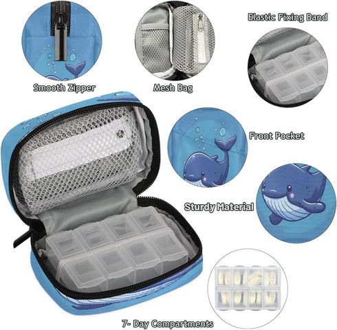 Honeybaby Cute Blue Whale Pill Case Bag Portable Weekly Pill Organizer Travel Pill Organizer Case Bag with Zipper