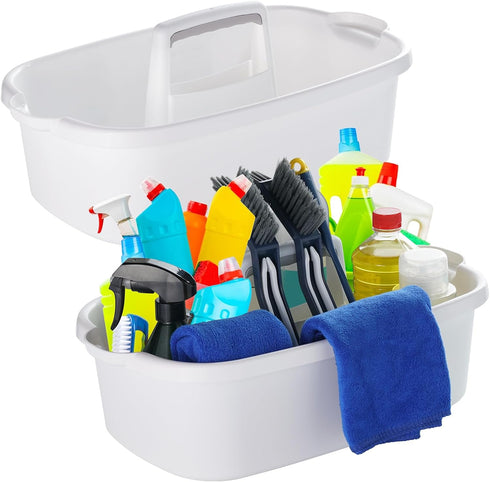 Cleaning Supply Caddy - Divided Tote Basket Bin with Handle for Bathroom, Kitchen, Garden, 2 Pack, White