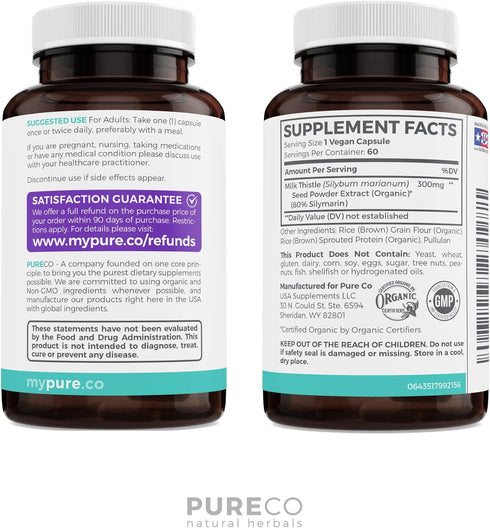 USDA Organic Milk Thistle Capsules, 80% Silymarin Supplement for Liver Support, 300mg, 60 Day Supply