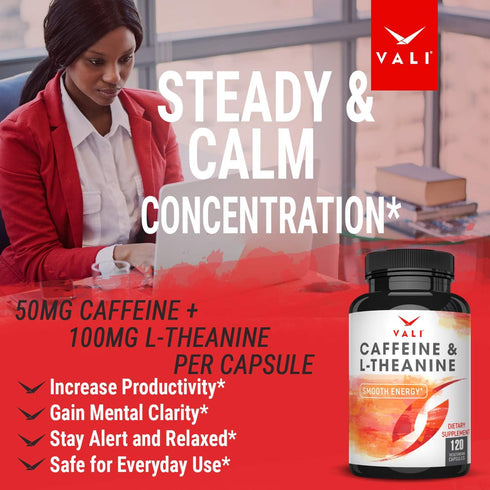 VALI Caffeine 50mg & L Theanine 100mg - Caffeine Pills & L-Theanine for Energy & Focus Supplement