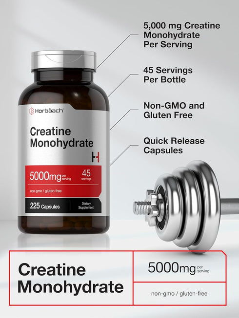 Horbaeach Creatine Monohydrate | 5g | 225 Capsules, Non-GMO, Gluten Free Supplement