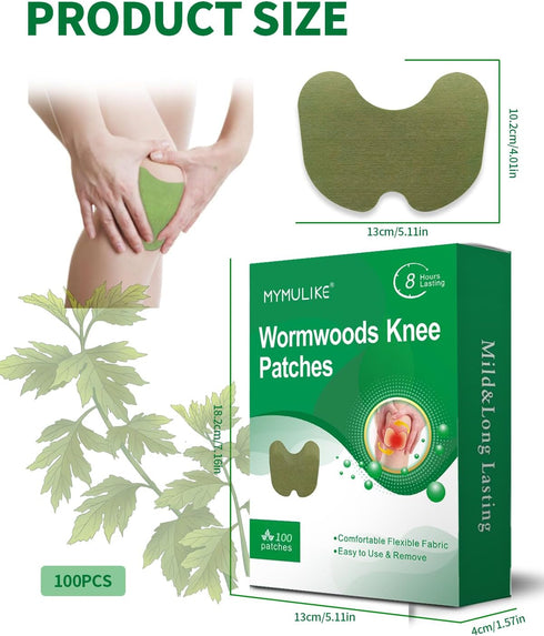 100 Count Knee Patches - Warming Natural Herbal Plaster for Joint Discomfort with Wormwood Extract, Lasting 8 Hours for