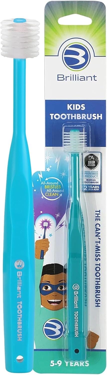 Brilliant Oral Care Kids Toothbrush, Soft Bristles and Round Head, Easy to Use for Ages 5-9 Years, Teal, 1 Pack