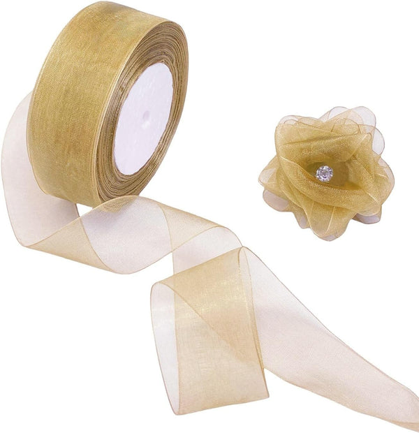 1.5 Inches Wide Gold Sheer Organza Chiffon Ribbon for Gift Wrapping, Bouquet Crafts, 50 Yards/Roll