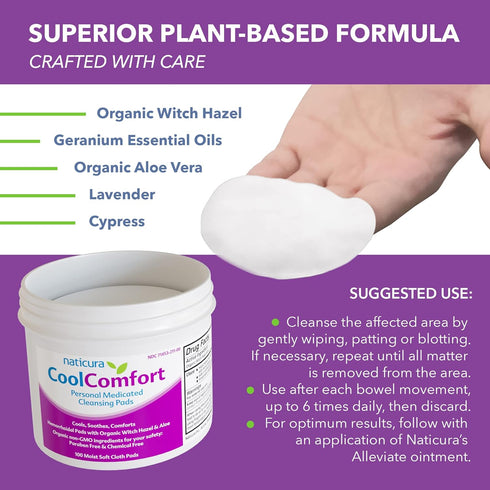 CoolComfort Personal Cleansing Pads with Organic Witch Hazel and Aloe Vera, 100 Pads for Hemorrhoid Relief