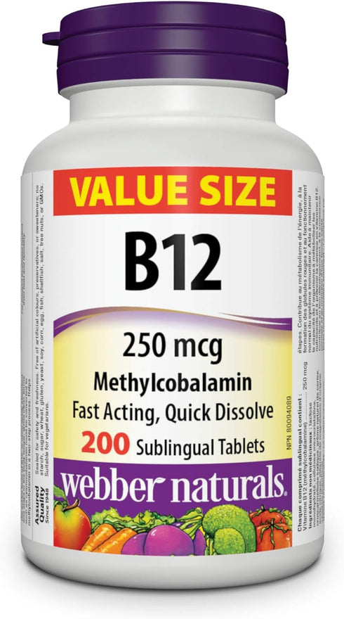 Webber Naturals Vitamin B12 250 mcg Methylcobalamin - 200 Sublingual Tablets