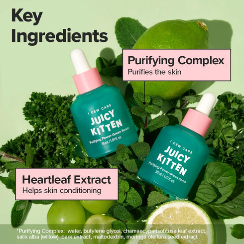 I DEW CARE Juicy Kitten | Korean Skin Care Purifying Power-Green Face Serum with Niacinamide, Vegan, Cruelty-free